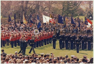 The Marine Band performing during a State Arrival Ceremony for West German Chancellor Willy Brandt on the South Lawn, 1970