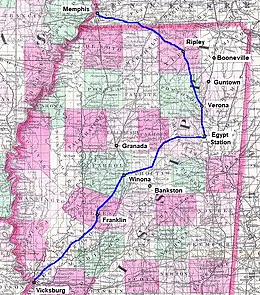 Map of Mississippi shows the route of Grierson's 1864–1865 raid.
