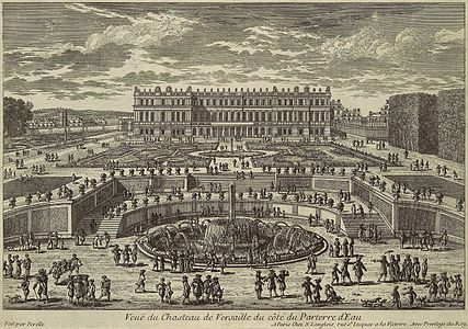 Vue de la façade du jardin du château de Versailles dans les années 1680