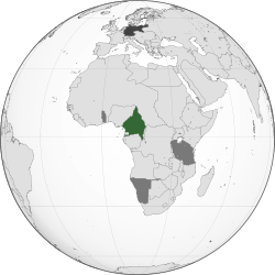 Location of Kamerun: Green: Territory comprising German colony of Kamerun Dark grey: Other German territories Darkest grey: German Empire