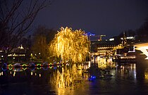 A view of the illuminated gardens on a December night