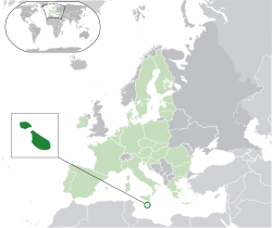 Lega Malte (temno zeleno) na Evropski celini (temno sivo) — v Evropski uniji (svetlo zeleno)