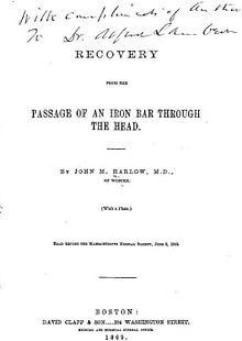 The cover of a journal article titled "Recovery from the passage of an iron bar through the head".