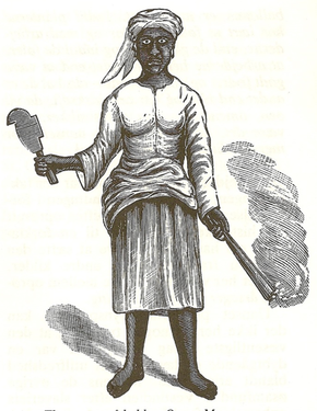 1888 drawing of "Queen Mary" Thomas, one of the leaders of the 1878 Fireburn riot in St. Croix, holding a cane knife and torch