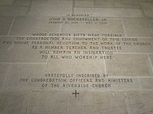 Memorial inscription to John D. Rockefeller Jr., who funded much of the church's construction