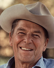 Photographic head shot of Ronald Reagan wearing a cowboy hat