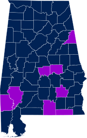 Map of Alabama divided by county with Autauga, Clarke, Cleburne, Covington, Elmore, Geneva, Pike, and Washington Counties highlighted.