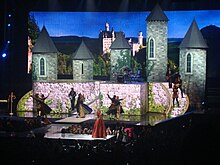Swift and the band performing onstage, with the background showing images of castles