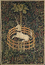 Painting of a white unicorn sitting in a circular wooden pen within a forest clearing