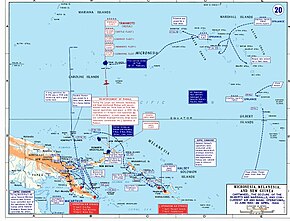 Colour map of the New Guinea, Bismark Islands, Solomon Islands and Central Pacific area marked with the main movements of Allied and Japanese forces between June 1943 and April 1944 as described in the article