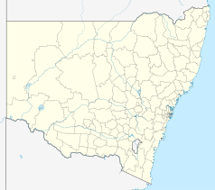 Mapa konturowa Nowej Południowej Walii, na dole po prawej znajduje się punkt z opisem „Bermagui”