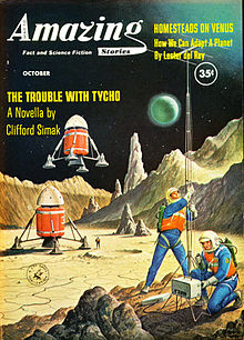 Couverture couleur du magazine Amazing Stories représentant un module spatial en train d'alunir, et second module déjà posé et deux cosmonautes s'affairant autour de l'antenne d'une radio