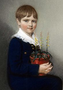 Three-quarter length portrait of seated boy smiling and looking at the viewer; he has straight, mid-brown hair and wears dark clothes with a large, frilly, white collar; in his lap he holds a pot of flowering plants
