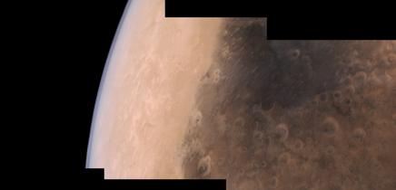 Three frame Mars Orbiter Mission Mars Color Camera mosaic of the Syrtis Major region on 24 September 2015.