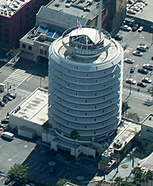 An aerial view of the Capitol Records Building