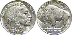 The 1935 Buffalo nickel—this style of coin featuring an American bison was produced from 1913 to 1938