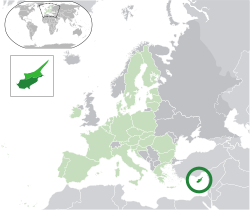 賽普勒斯的位置（深綠色） – 歐洲（綠色及深灰色） – 歐洲聯盟（綠色）  —  [圖例放大]