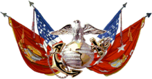 arte colorida de uma águia, um globo e uma âncora sobre bandeiras americanas e marinhas cruzadas