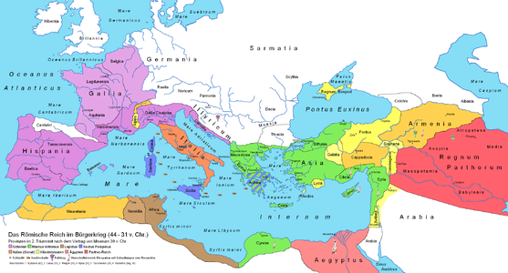 Karte des Römischen Reiches nach dem Vertrag von Misenum: Italien (Senat), Octavians Machtbereich (violett), Antonius’ Machtbereich (grün), Kleopatras Pharaonenreich Ägypten (rosa), Parther-Reich (rot)