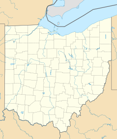 Mapa konturowa Ohio, u góry po prawej znajduje się punkt z opisem „Uniwersytet Case’a i&nbsp;Western Reserve”