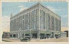 An illustrated postcard of the East Side Masonic Temple in Toledo, Ohio, 1920