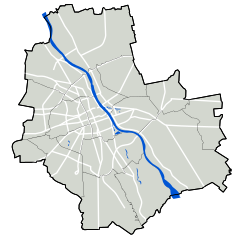 Mapa konturowa Warszawy, blisko centrum na lewo znajduje się punkt z opisem „Plac Bankowy w Warszawie”