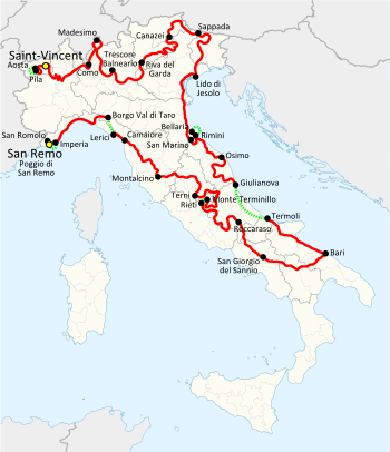 Map of the 1987 Giro d'Italia route, from San Remo to Saint-Vincent (stage courses in red; connections between host towns in green)