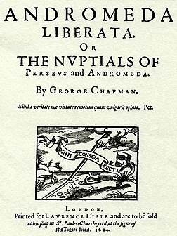 Title page of George Chapman's Andromeda Liberata, 1614, allegorically celebrating the tumultuous marriage of Robert Carr, 1st Earl of Somerset and Frances Howard[25]