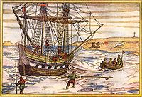 Willem Barentsz' ship among the Arctic ice.