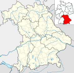 Mapa konturowa Bawarii, na dole po lewej znajduje się punkt z opisem „Memmingen”