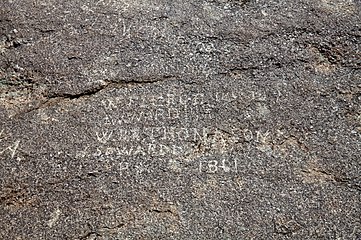 Names carved on Independence Rock, particularly of W.R.R. Thompson, W. Pierce, J. Ware and J.S.O. Ward in 1861