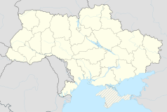Mapa konturowa Ukrainy, po lewej nieco u góry znajduje się punkt z opisem „Wysoki Zamek we Lwowie”