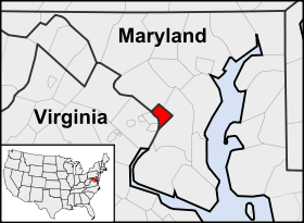 Localização de Washington, D.C. em relação aos estados vizinhos de Maryland e Virgínia