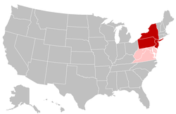 U.S. states in the northern half of the Mid-Atlantic region (highlighted in dark red), states in the southern half of the Mid-Atlantic region (highlighted in pink)