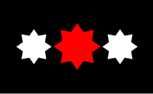 Two eight-sided white stars flank a central and larger eight-sided red star