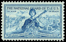 National Guard 3-cent 1953 issue U.S. stamp. The National Guard of the US – In War – In Peace – The Oldest Military Organization in the US.