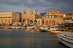 The port at the old city of Batroun with the St. Stephens Church