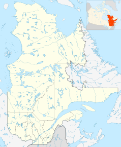 Mapa konturowa Quebecu, blisko dolnej krawiędzi nieco na lewo znajduje się punkt z opisem „Lionel-Groulx”