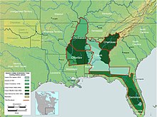 Map of the southern United States showing in dark green areas ceded by Indians.[213]