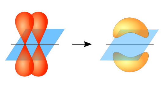 Les deux lobes des orbitales p sont parallèles et forment une liaison π de part et d'autre de l'axe internucléaire.