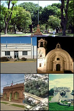 Clockwise, from top: Plaza 25 de Mayo, Commune of Ataliva, San Roque Church, the Italian Society, an aerial view of Ataliva, Centennial Monument