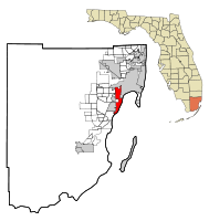 Location of Coral Gables in Miami-Dade County, Florida (left) and of Miami-Dade County in Florida (right)