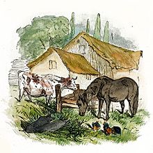 牛、馬、豚、鶏を飼育した農家の水彩画