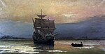 El Mayflower transportó a los peregrinos al Nuevo Mundo en 1620, como se representa en esta pintura de William Halsall El Mayflower en el Puerto Plymouth, de 1882
