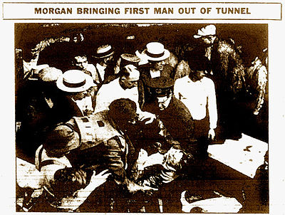 Newspaper photograph of Morgan's rescue in 1916