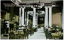 Drawing of students studying in an old library with columns