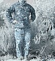 Near-infrared (low light night vision device) comparison of a Navy Working Uniform blouse to MARPAT trousers