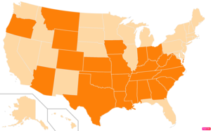 States in the United States by Evangelical Protestant population according to the Pew Research Center 2014 Religious Landscape Survey.[224] States with Evangelical Protestant populations greater than the United States as a whole are in full orange.