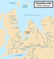 Map showing hypothetical extent of Doggerland (c. 8,000 BC), which provided a land bridge between Great Britain and continental Europe