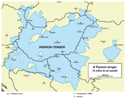 A Pannon-tenger a miocén idején – jelenlegi határok és helységnevek tájékoztatásul 10–0,6 Ma PreꞒ Є O S D C P T J K Pg N miocén–pleisztocén